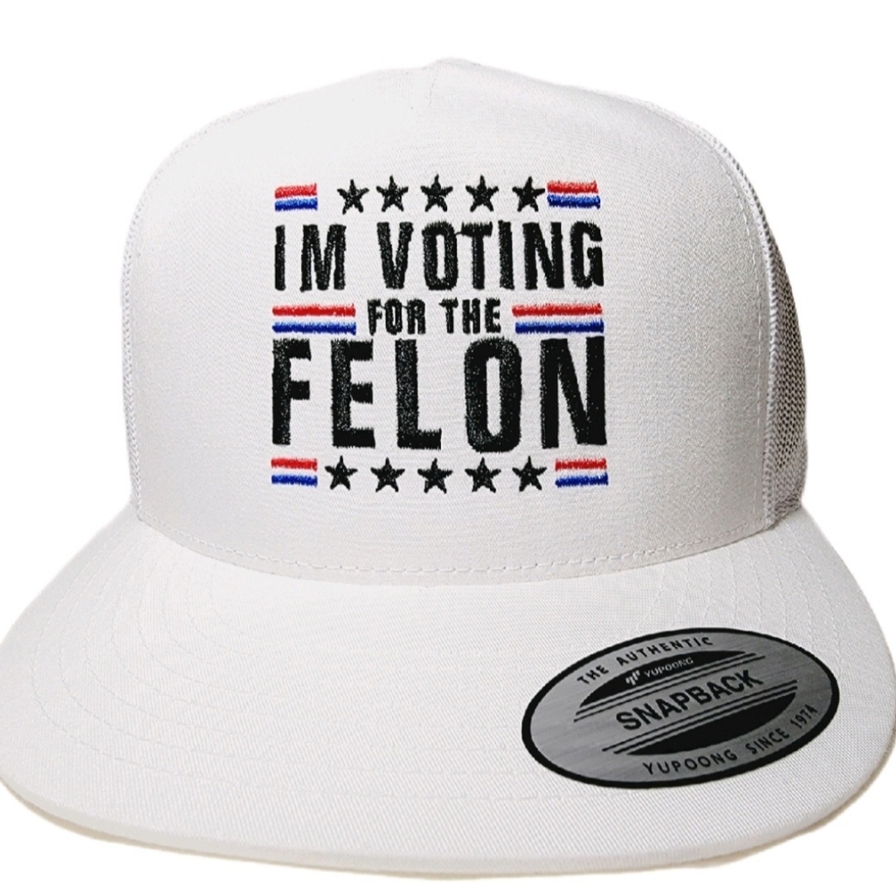I'm Voting For The Felon Mesh Snapback Embroidered Flat Bill Trucker Ha…